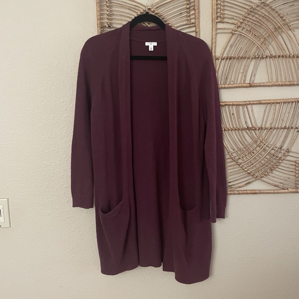BP Open Front Cardigan Longline Pockets Burgundy Cozy Cotton Blend Sz S READ B30